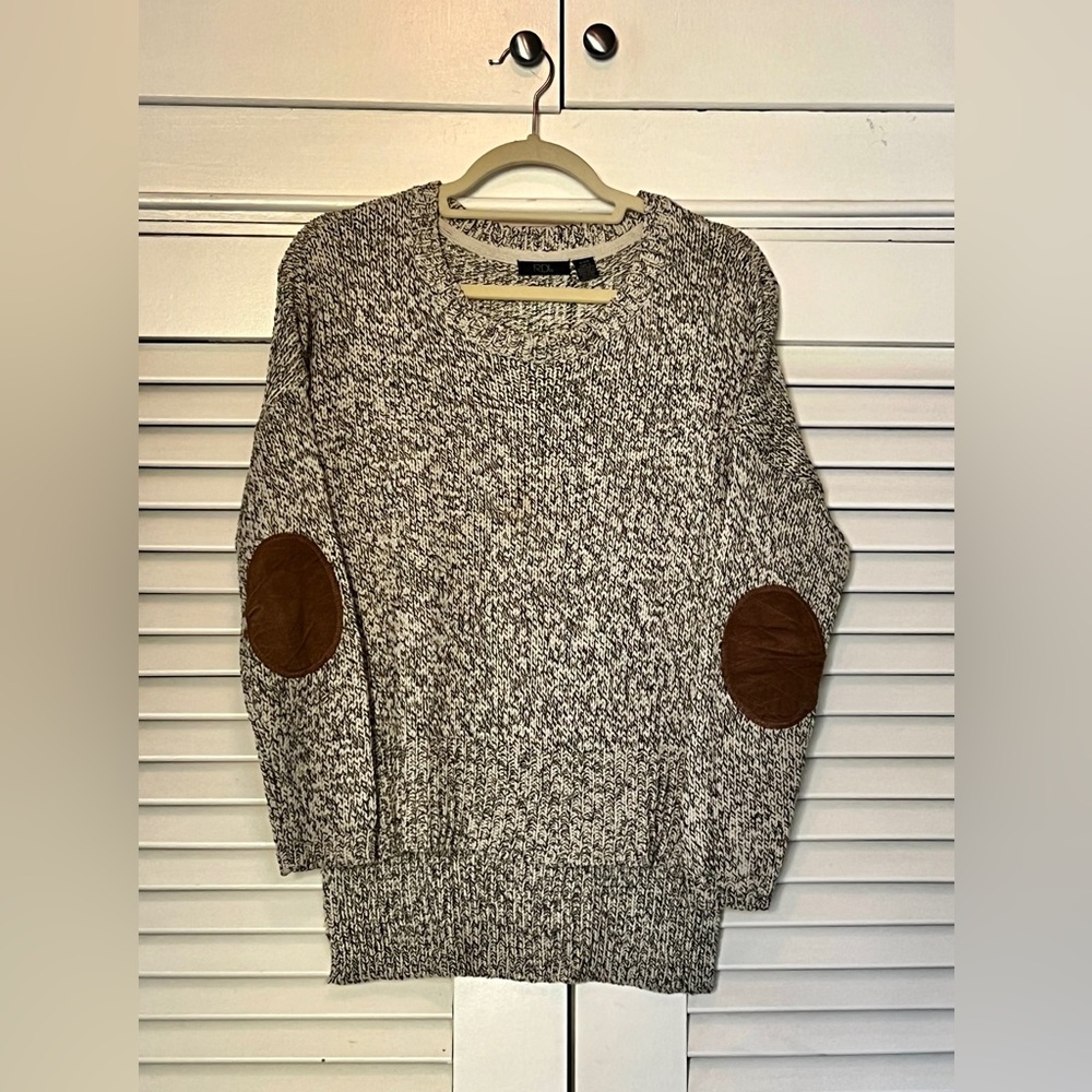 RDI Brown and Light Tan Sweater with Brown Elbow Patches